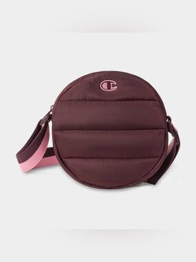 Champion Quilted Round Crossbody Bag in Burgundy with Pink Trim